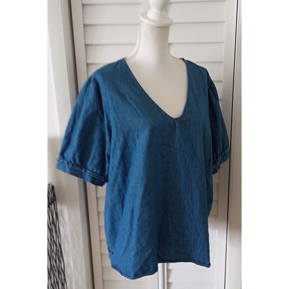 Draper James Denim V-Neck Puff‎ Short Sleeve Cotton Blouse XXL - Picture 4 of 11